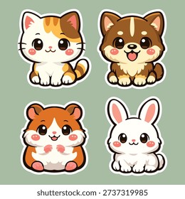 A set of adorable chibi pet animal stickers featuring cat, dog, hamster, and bunny. Cute cartoon style with soft colors, perfect for stickers, social media, kids illustration, and digital projects.