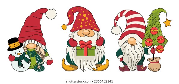 Set of Adorable Christmas gnomes with gift boxes, Christmas tree, Snowman. Colorful cartoon style hand drawn Vector illustrations Isolated on white background. Hand drawn vector. Not created with AI