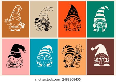 Set of Adorable Christmas gnomes with gift boxes, Christmas tree, Hot cocoa. Monochrome black sketch style hand drawn Vector illustrations Isolated on colorful backgrounds. Cut out, outline drawing.