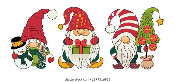 Set of Adorable Christmas gnomes vector clipart.