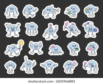 Set of adorable cloud characters in different poses and emotions with fun props like cake, balloons, heart, letter, hat, and popcorn for yours illustration and creative designs projects