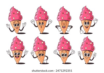 Set Of Adorable And Colorful Cartoon Ice Cream Cone Characters Showing Different Face Emotions And Poses Vector Icecream