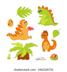 Set of adorable and cute dinosaurs in children's cartoon style. Green and orange prehistoric animal, ancient tree and flower, stones, egg and leaves. 