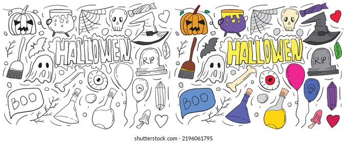 Set adorable cute halloween doodles element design  outline   color design