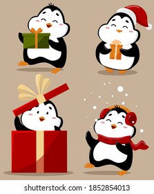 
Set of adorable cute penguins.
Vector illustration.
Penguin with a gift, singing.
For stickers, postcards, banners, websites.