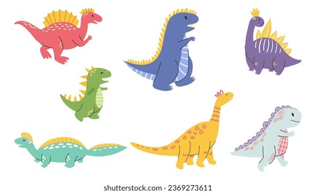 Set of Adorable Dino Characters With Friendly Eyes, Cheerful Smiles, And Vibrant Colors, This Cute Dinosaurs Collection Ready To Bring Joy And Adventure To Your Projects. Cartoon Vector Illustration