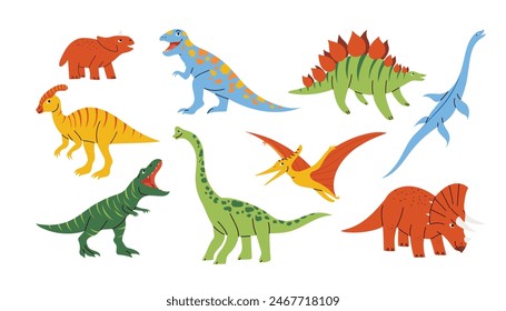 Set with adorable dinosaurs in childish flat design, colorful prehistoric creature. Hand drawn isolated vector illustrations