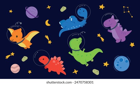 Set of adorable dinosaurs in outer space in cartoon style.Vector illustration of colorful dinosaurs in different poses,helmets,planets, crescent moon,constellations isolated on dark blue background.