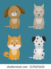 Set of adorable dogs and cats in watercolor painting for graphic design postcard, vector illustration