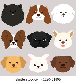 Set of adorable dogs' faces flat colored