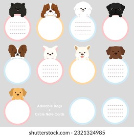 Set of adorable dogs' faces with front paws holding a circle note flat colored