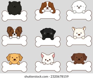 Set of adorable dogs' faces with outlines with front paws holding a bone