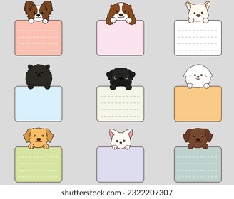 Set of adorable dogs' faces with outlines with front paws holding a note