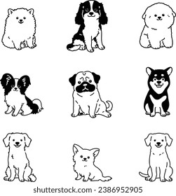 Set of adorable dogs sitting in front view with only outlines
