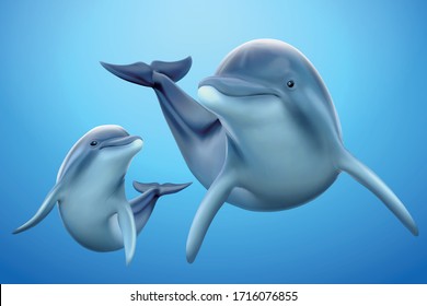 Set of adorable dolphin family isolated on ocean blue background, 3d illustration