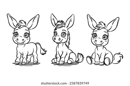 A set of adorable donkey illustrations, drawn in a charming line art style. Perfect for children designs, storybooks, and digital content.