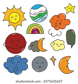 set of adorable earth planet and weather doodles cartoon