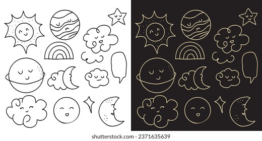 set of adorable earth planet and weather doodles cartoon