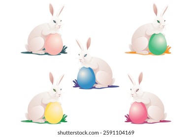 A set of adorable Easter Bunnies in various pastel colors, each holding a decorated egg. Perfect for greeting cards, invitations, posters, packaging, web design, social media, textiles, stickers