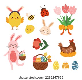 Set Of Adorable Easter Icons Featuring Bunnies, Chicks, Eggs, And Baskets Perfect For Easter-themed Designs, Including Greeting Cards, Social Media Posts, Or Invitations. Cartoon Vector Illustration