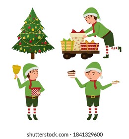 Set of adorable fairy Christmas elfs and pine tree isolated on white background. Design element for December holidays.