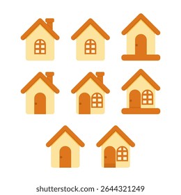 Set of adorable flat house icons with different door and window designs in warm orange and yellow tones. Perfect for UI, web, and infographics.