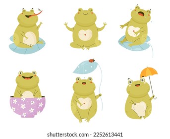 Set of adorable frog characters in different poses and positions