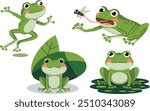 set of adorable frog characters vector illustration on a white background, cartoon frog, jumping frog, easily editable.