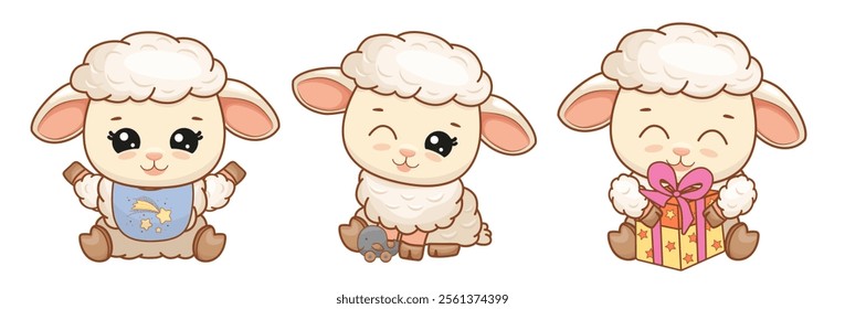 Set of adorable funny sheep. Baby in bib, baby with toy and baby with gift. Vector illustration for poster, greeting card and design for kids.