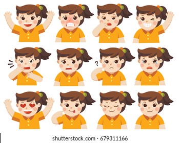 Set Of Adorable Girl Facial Emotions. Girl Face With Different Expressions. Schoolgirl Portrait Avatars. Variety Of Emotions