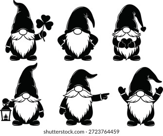 Set of adorable gnomes in various playful poses and accessories