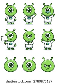 Set of adorable green alien characters displaying different emotions and gestures, including happy, sad, angry, and holding a sign, in a cartoon style