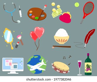 Set of adorable hand drawn profession tools and seasonal objects flat colored