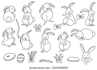 Set of adorable hand drawn rabbit  white isolated on white background. 