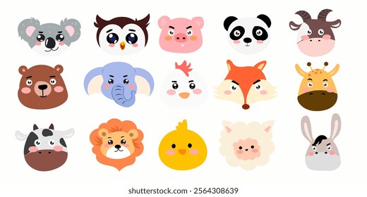 set of adorable head animal design stock