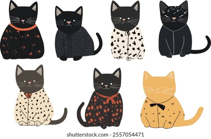 Set of adorable illustrated cats wearing stylish outfits, each featuring unique patterns such as polka dots, florals, and celestial designs. The collection showcases black, gray, and orange cats 