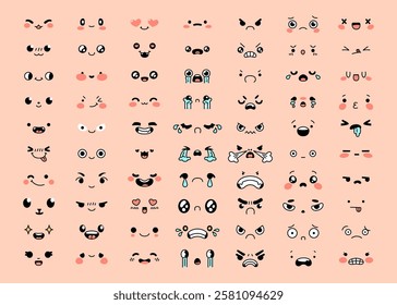 A set of adorable kawaii facial expressions showcasing various emotions like happiness, sadness, anger, and love on a peach background.