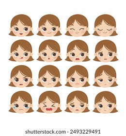 Set of Adorable kid  facial emotions. Kid face with different expressions. Isolated vector