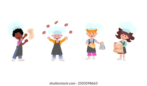 Set of adorable kids in kitchen aprons and chef hats. A little pizzeillo boy tosses the dough, a girl with a grater and cheese, a boy deftly juggles salami, a girl with flour