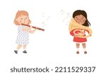 Set of adorable kids playing musical instruments. Cute girls playing clarinet and tuba wind instruments cartoon vector illustration