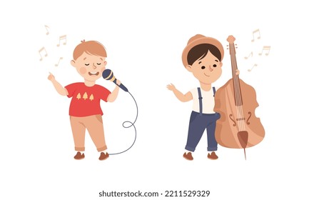 Set of adorable kids playing musical instruments. Cute boys singing and playing cello cartoon vector illustration
