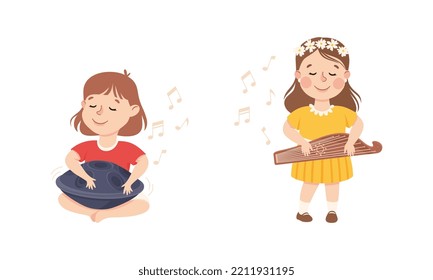 Set of adorable kids playing musical instruments. Cute girls playing plucked and percussion musical instruments cartoon vector illustration