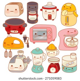 Set of  adorable kitchen appliances , cute kettle , lovely oven , sweet blender   isolated on white in chlildlike doodle style - Vector file EPS10