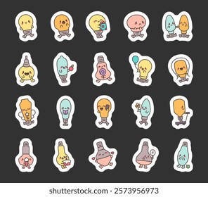 Set of adorable light bulb cartoon characters showcasing emotions, objects, activities, expressions, and interactions for cute kawaii storytelling and creative illustration purposes