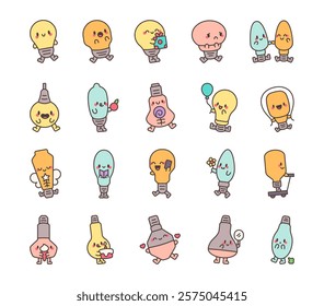 Set of adorable light bulb cartoon characters showcasing emotions, objects, activities, expressions, and interactions for cute kawaii storytelling and creative illustration purposes