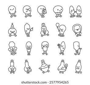 Set of adorable light bulb cartoon characters showcasing emotions, objects, activities, expressions, and interactions for cute kawaii storytelling and creative illustration purposes