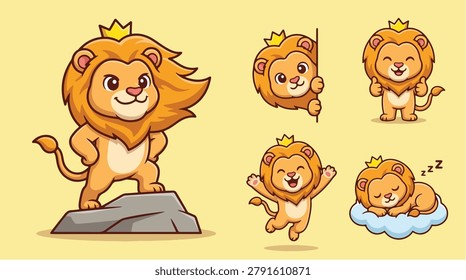 A set of adorable lion king characters in different cute poses including standing on a rock peeking jumping and sleeping