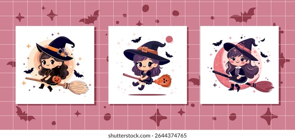 set of adorable little witches flying on a broomstick against the glowing full moon. Cute and whimsical vector illustration, perfect for posters, greeting cards, and Halloween designs. digital art