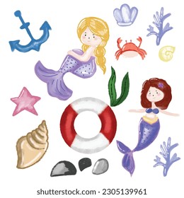 Set of adorable mermaid element design. Watercolor gnome mermaid, ocean. Vector illustration