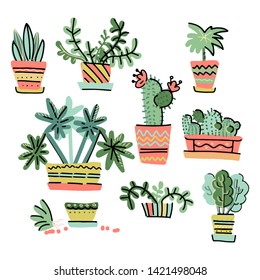 Set of Adorable Miniature Plants Design Elements.Collection of hand drawn houseplants in pots in scandinavian color style on white background.Botanical vector illustrations.Cute cartoon flowers herbs